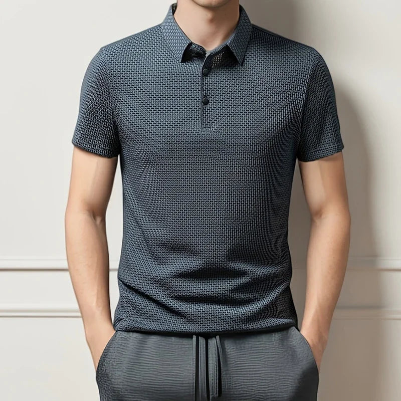 Summer New Men's Lop-up Hollow Short-sleeved Polo Tee Shirt Ice Silk Breathable Business Fashion T-Shirt Male Brand Clothes
