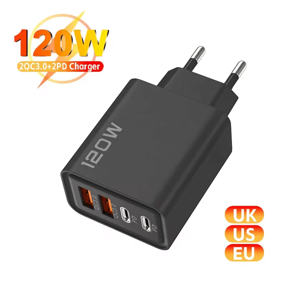 Total 120W 4 Port USB  Type C Fast  Wall Adapter for  Quick Charge Mobile Phone